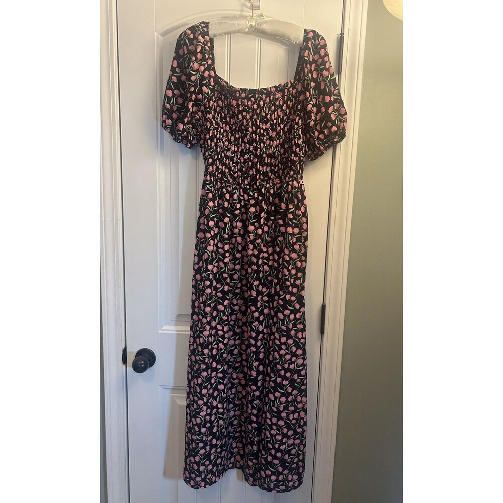 BTFBM Floral Smocked Cottagecore Maxi Dress Puff Sleeve Black Pink Large - Picture 11 of 12